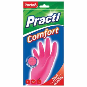 Перчатки хозяйственные латексные, хлопчатобумажное напыление, разм L (средний), розовые, PACLAN «Practi Comfort», 407272