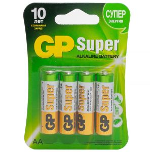 Батарейки КОМПЛЕКТ 4 шт., GP Super, AA (LR6, 15А), алкалиновые, пальчиковые, блистер