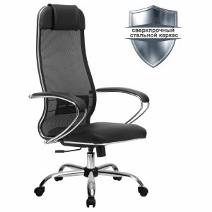 Кресло офисное МЕТТА «К-5.1» хром, ткань-сетка/экокожа, сиденье мягкое, черное