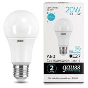 Лампа светодиодная GAUSS, 20(150)Вт, цоколь Е27, груша, нейтральный белый, 25000 ч, LED A60-20W-4100-E27, 23229