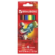 Фломастеры BRAUBERG «Star Patrol», 6 цветов, вентилируемый колпачок, картонная упаковка, увеличенный срок службы, 150543