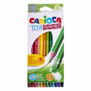 Карандаши цветные стираемые с резинкой CARIOCA «Erasable», 12 цветов, пластик, шестигранные, заточенные, 42897