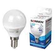 Лампа светодиодная SONNEN, 7 (60) Вт, цоколь Е14, шар, холодный белый свет, 30000 ч, LED G45-7W-4000-E14, 453706